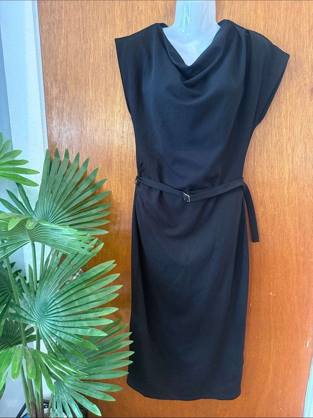 H&M Black Draped Midi Dress with Slim Belt